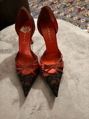 Casadei Black Lace Pointed D'Orsay Heels with Red Accents